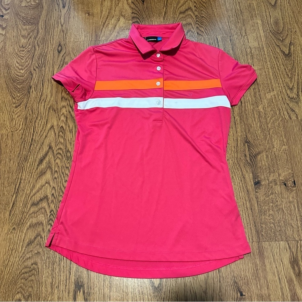 J.Lindeberg Pink Shirt top Orange White Stripes size large golf shorts sleeve